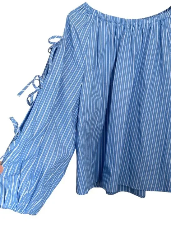 Off Shoulder Top XL Blue White Striped Ties Split Balloon Sleeve Beachy Coastal - Picture 2 of 8